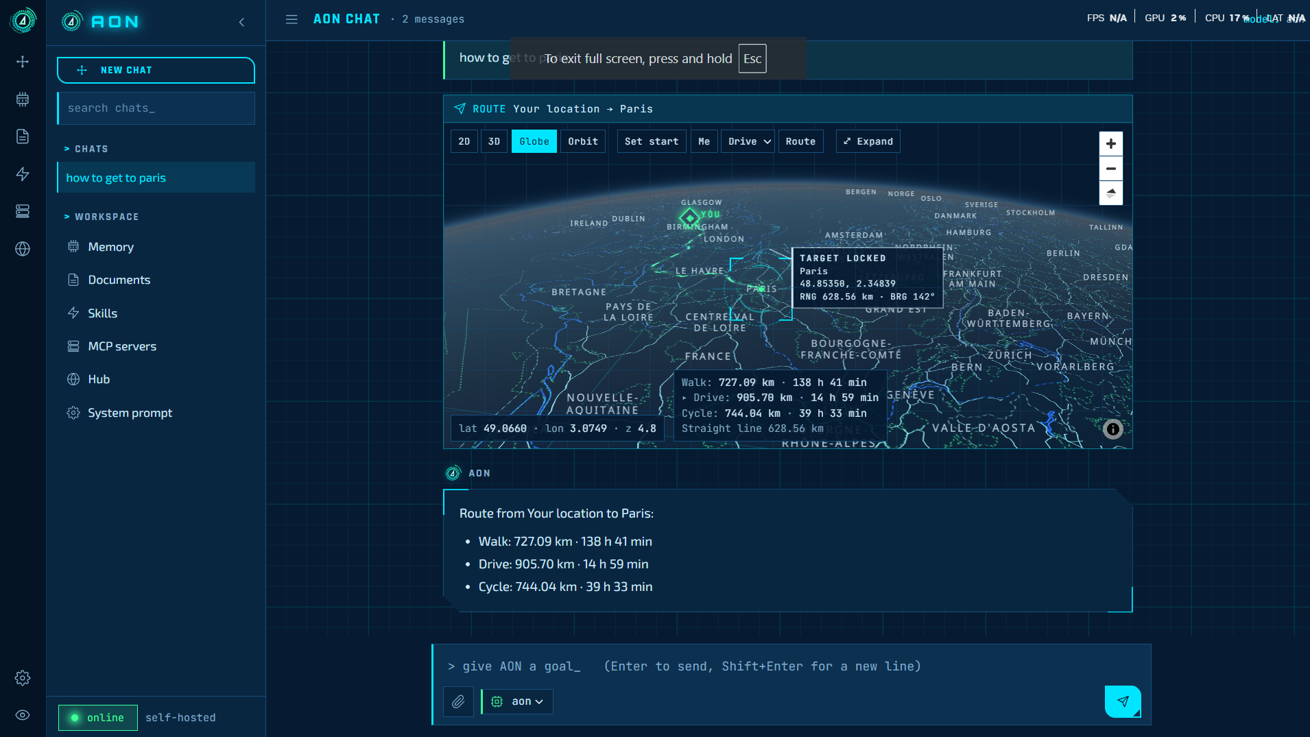 AON drawing a route to Paris on a 3D globe